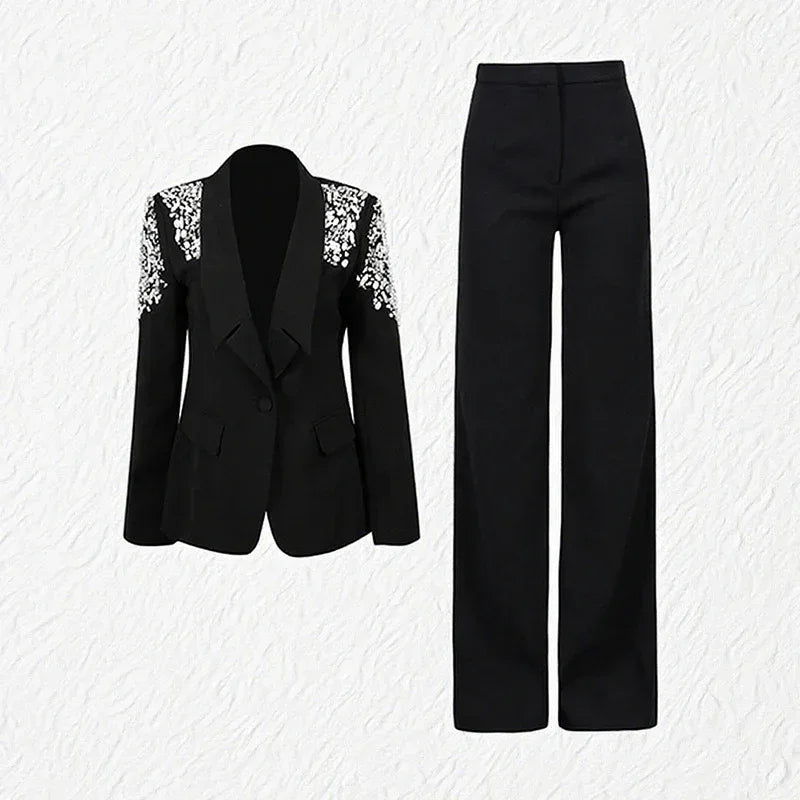 Women’s Black Suit Two-Piece Set – Rhinestone Blazer & High-Waist Straight Leg Pantsuit - Styeenigma