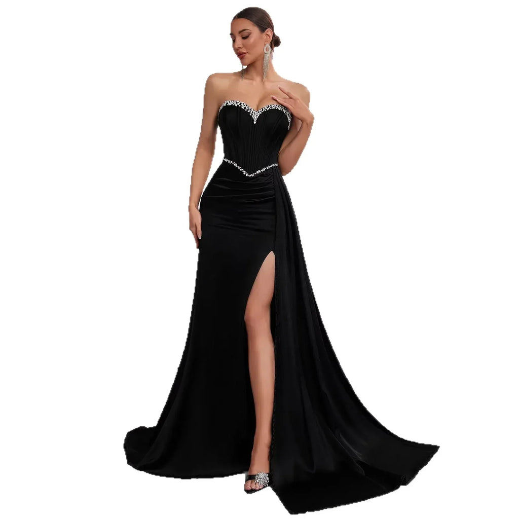 Strapless Rhinestone Bodycon High-Slit Evening Dress – Black Party Gown - Styeenigma