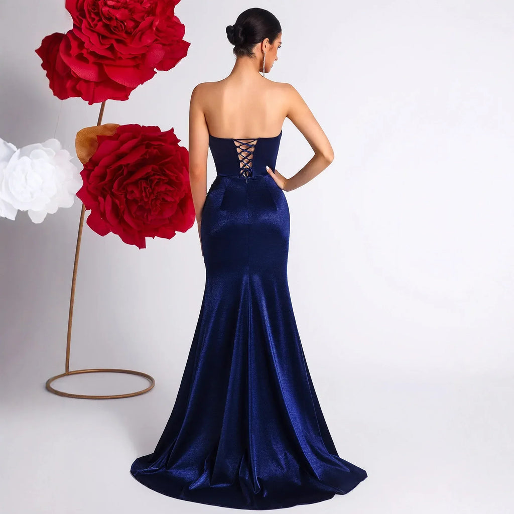 Strapless Navy Blue Mermaid Prom Dress with High Slit – Long Evening Gown - Styeenigma