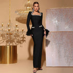 Feather Rhinestone Long Sleeve Bandage Evening Dress - Styeenigma