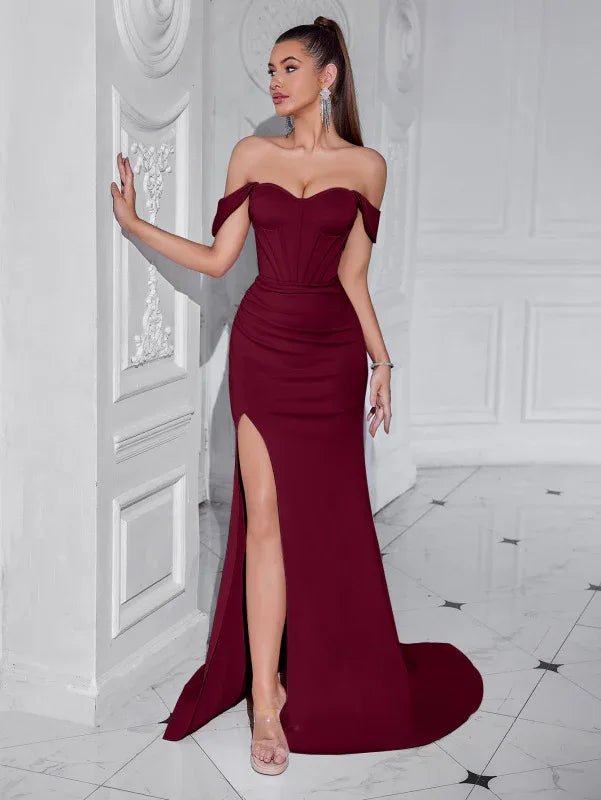 Off-the-Shoulder Mermaid Long Prom Dress with High Slit - Styeenigma