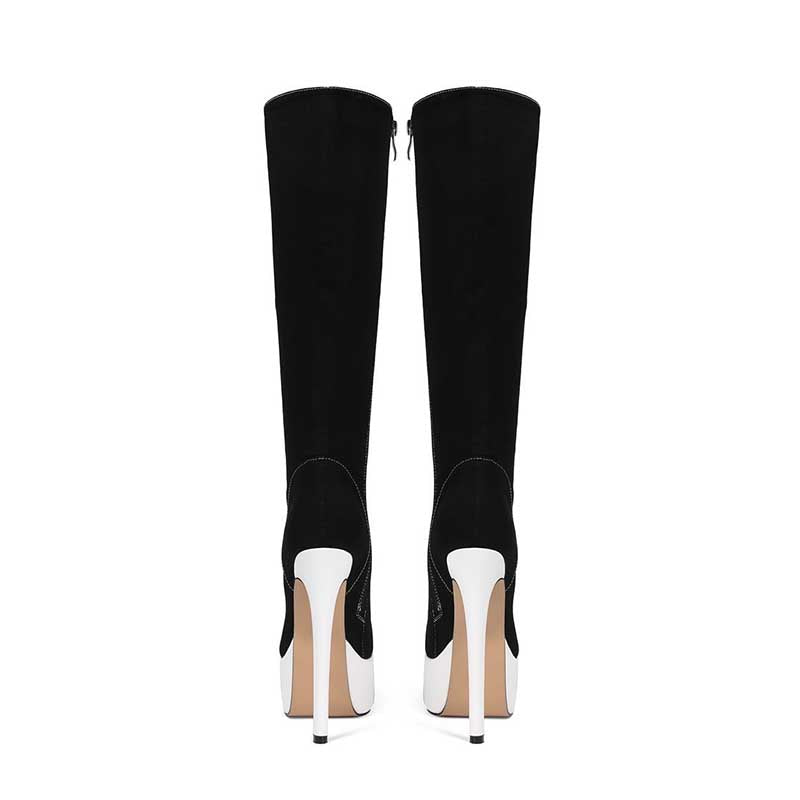 Women’s Black White Knee High Platform Stiletto Sneaker Boots Lace Up High Heel Boots