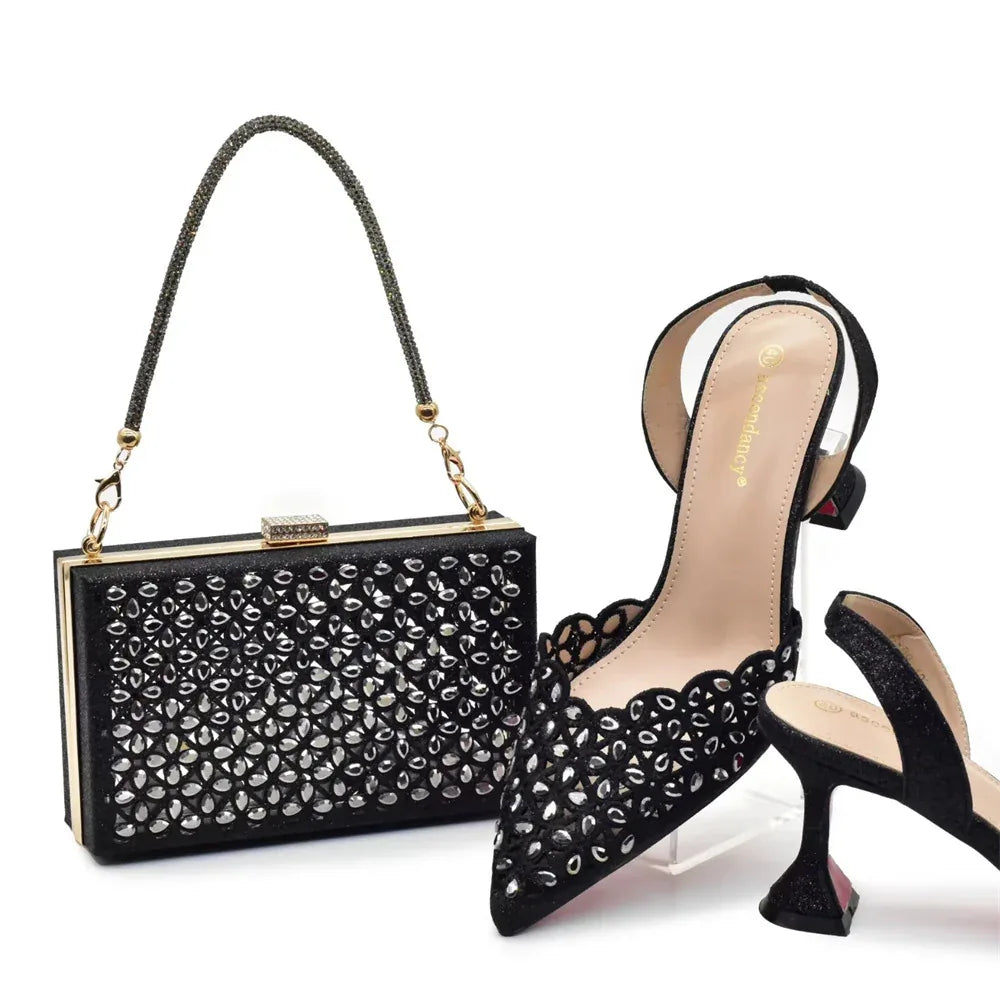 Pointed Toe Sequin Slip-On Stiletto Shoes & Matching Bag Set - Styeenigma