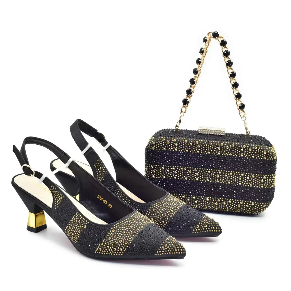Sequin Stiletto Sandals & Faux-Lock Hardbox Bag Evening Set - Styeenigma