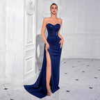 Sequin Strapless Ruched High Slit Evening Gown Dress – Elegant Formal Maxi - Styeenigma