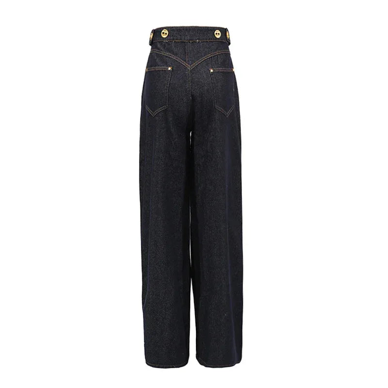 High Waist Rivet Button Straight Wide-Leg Denim Jeans Pants for Women - Styeenigma