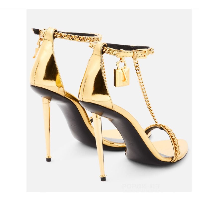Gold Chain Stiletto Heels for Women – Metallic Sandals with Ankle Strap & Tassel Charm - Styeenigma