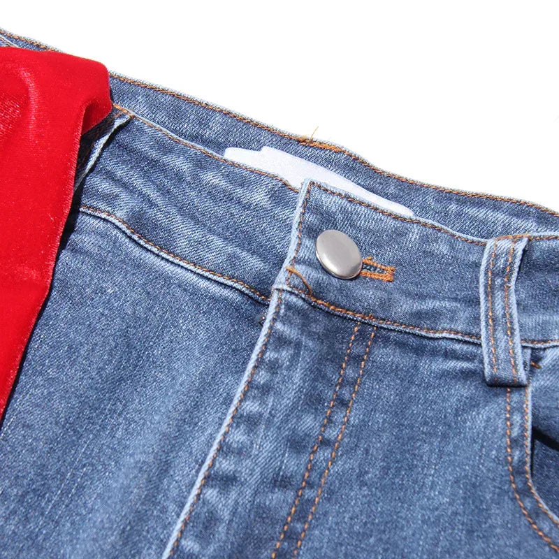 Bowknot Patchwork Straight Denim Jeans – Women’s Mid Waist Blue - Styeenigma