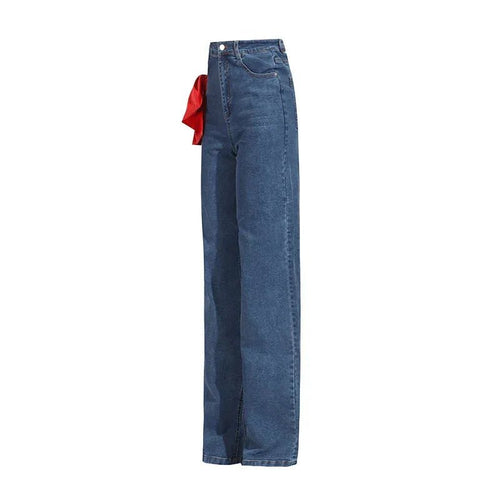 Bowknot Patchwork Straight Denim Jeans – Women’s Mid Waist Blue - Styeenigma