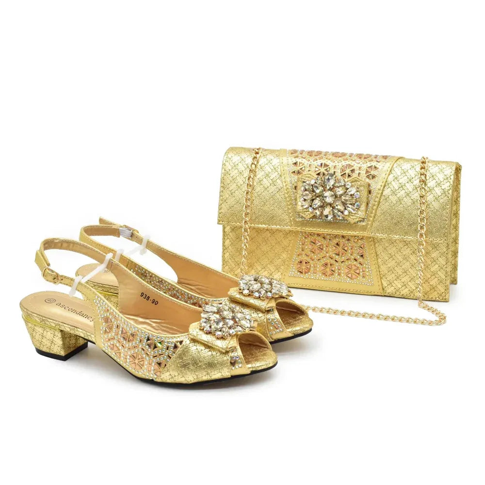 Rhinestone Floral Buckle High Heel Shoes & Bag Set - Styeenigma