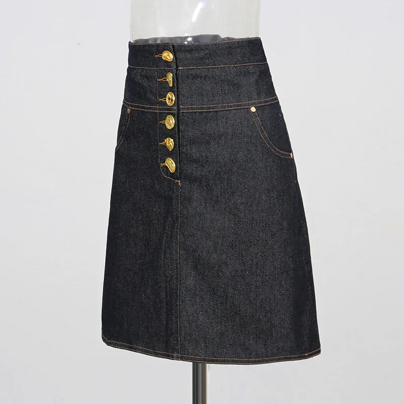 High Waist Single-Row Gold Button Denim A-Line Mini Skirt for Women - Styeenigma