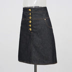 High Waist Single-Row Gold Button Denim A-Line Mini Skirt for Women - Styeenigma
