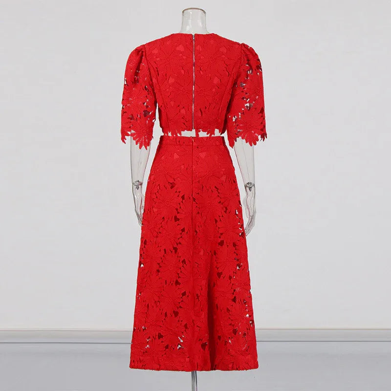 Elegant Two-Piece Set – Embroidered Hollow-Out Crewneck Top & High-Waist Skirt - Styeenigma
