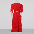 Elegant Two-Piece Set – Embroidered Hollow-Out Crewneck Top & High-Waist Skirt - Styeenigma