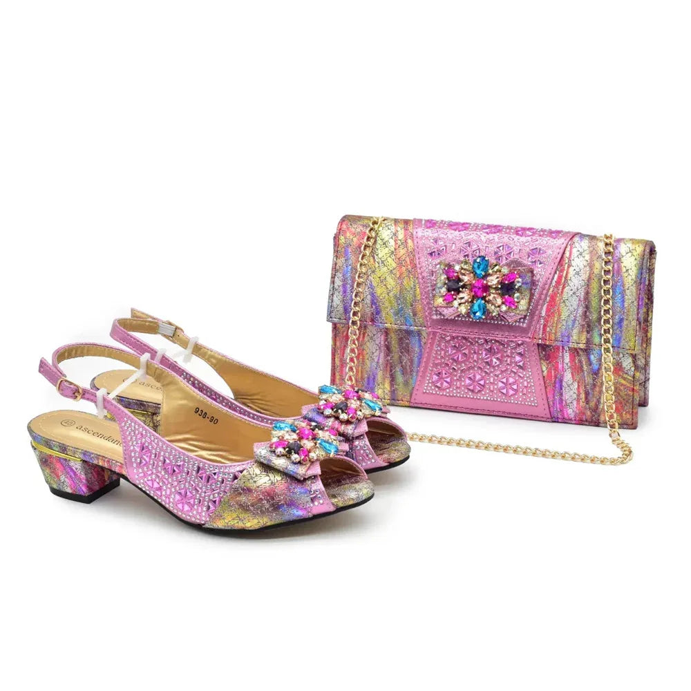 Rhinestone Floral Buckle High Heel Shoes & Bag Set - Styeenigma