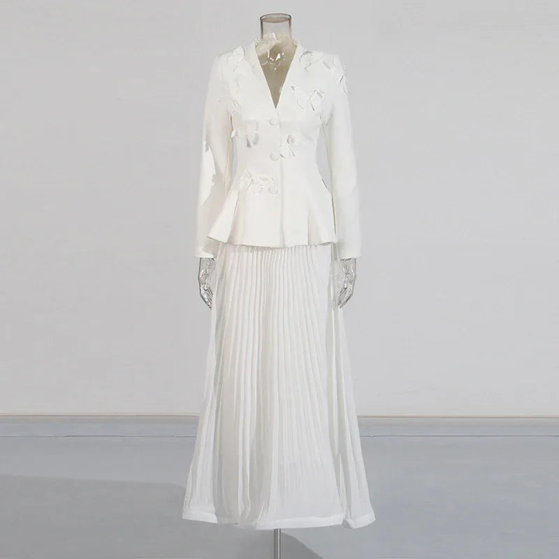 Elegant Two-Piece Set – 3D Embroidered Jacket & High-Waist Pleated Skirt - Styeenigma