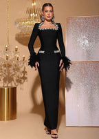 Feather Rhinestone Long Sleeve Bandage Evening Dress - Styeenigma
