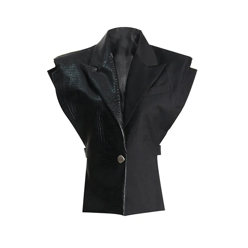 Crocodile Embossed Leather Patchwork V-Neck Vest for Women