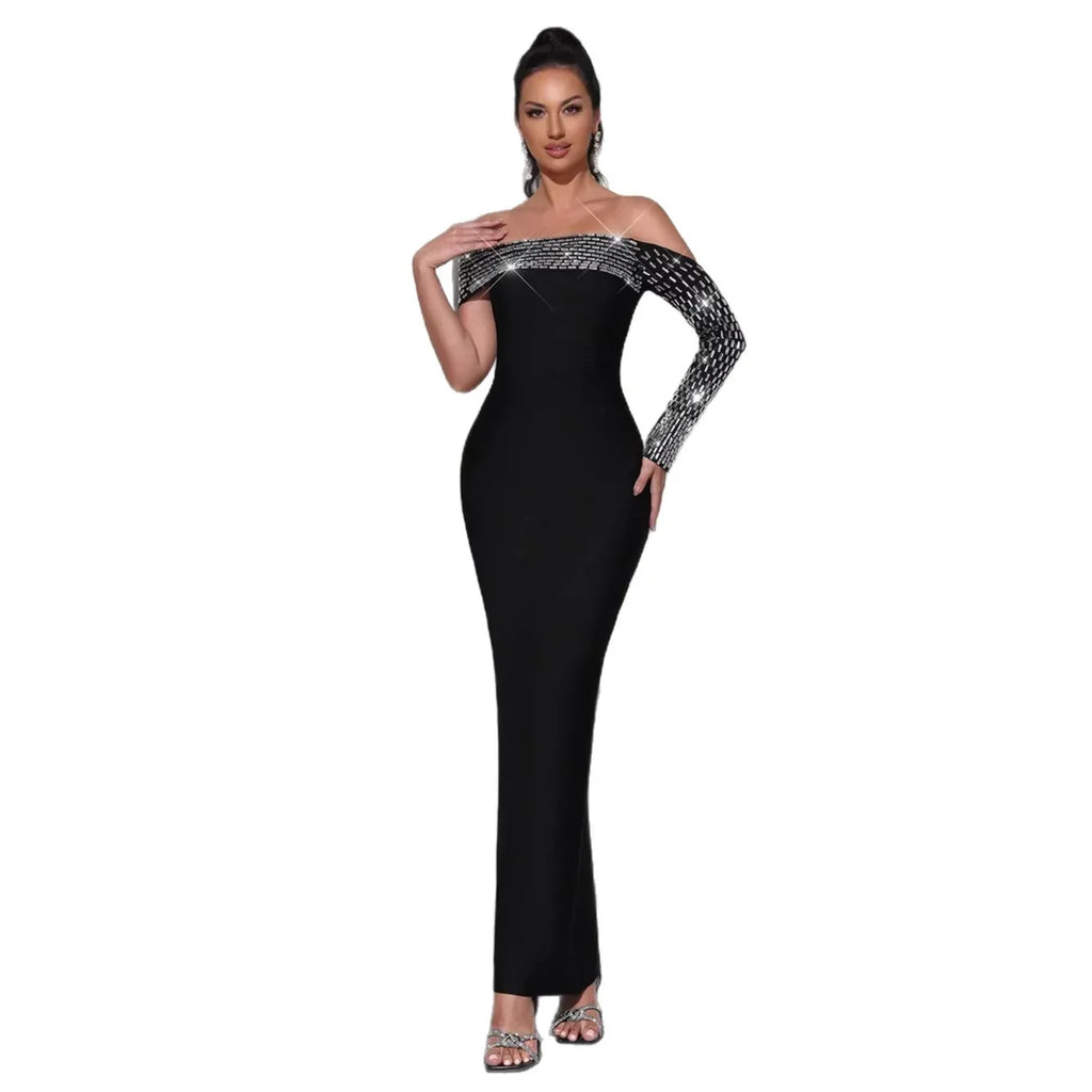 Rhinestone One-Shoulder Bandage Evening Gown – Off Shoulder Formal Maxi Dress - Styeenigma