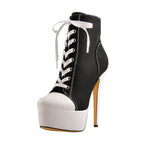 Women’s Black White Platform Stiletto High Heel Sneaker Boots Lace Up Ankle Booties - Styeenigma