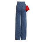 Bowknot Patchwork Straight Denim Jeans – Women’s Mid Waist Blue - Styeenigma