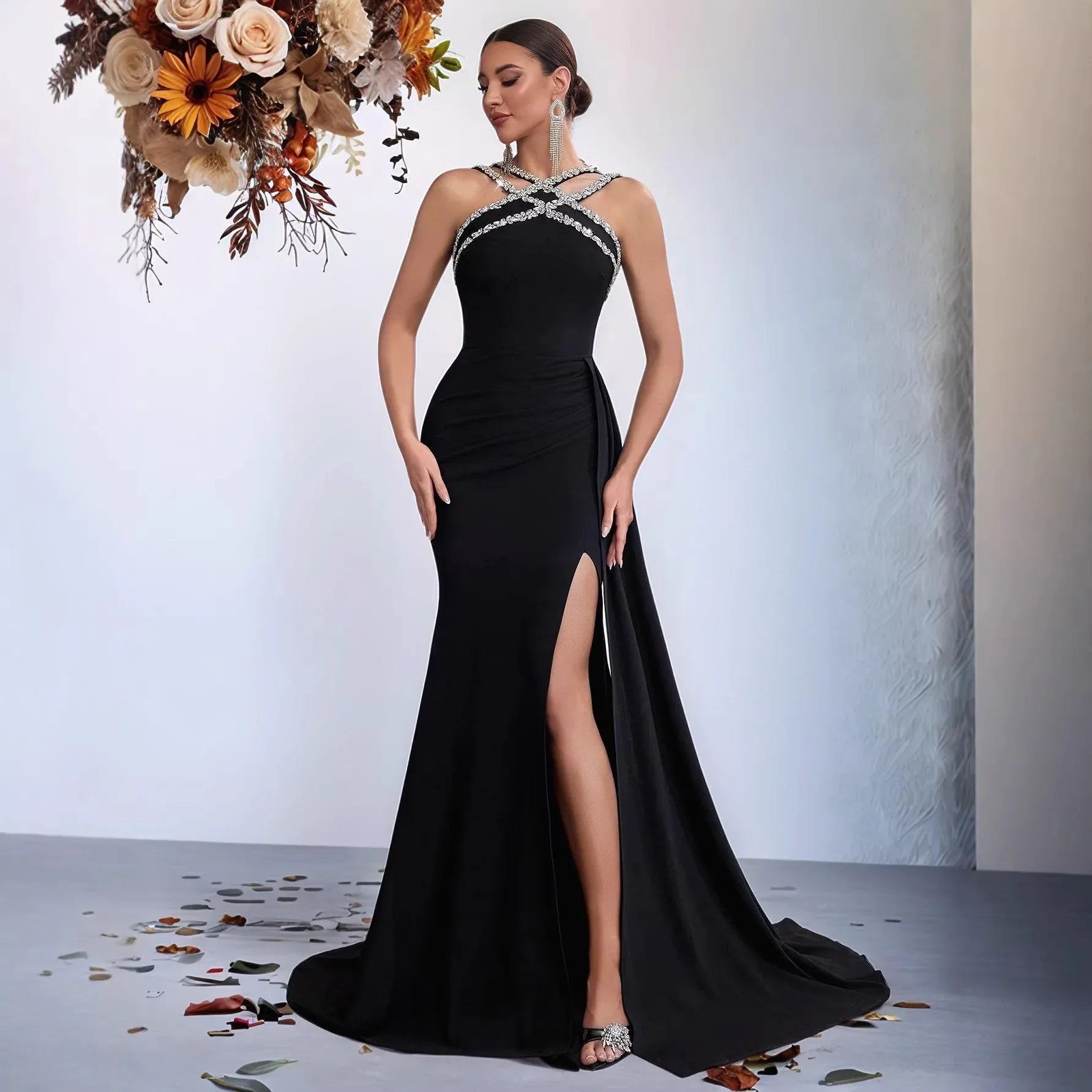 Halter Rhinestone Mermaid Evening Gown – Black Formal Dress with Side Slit & Train