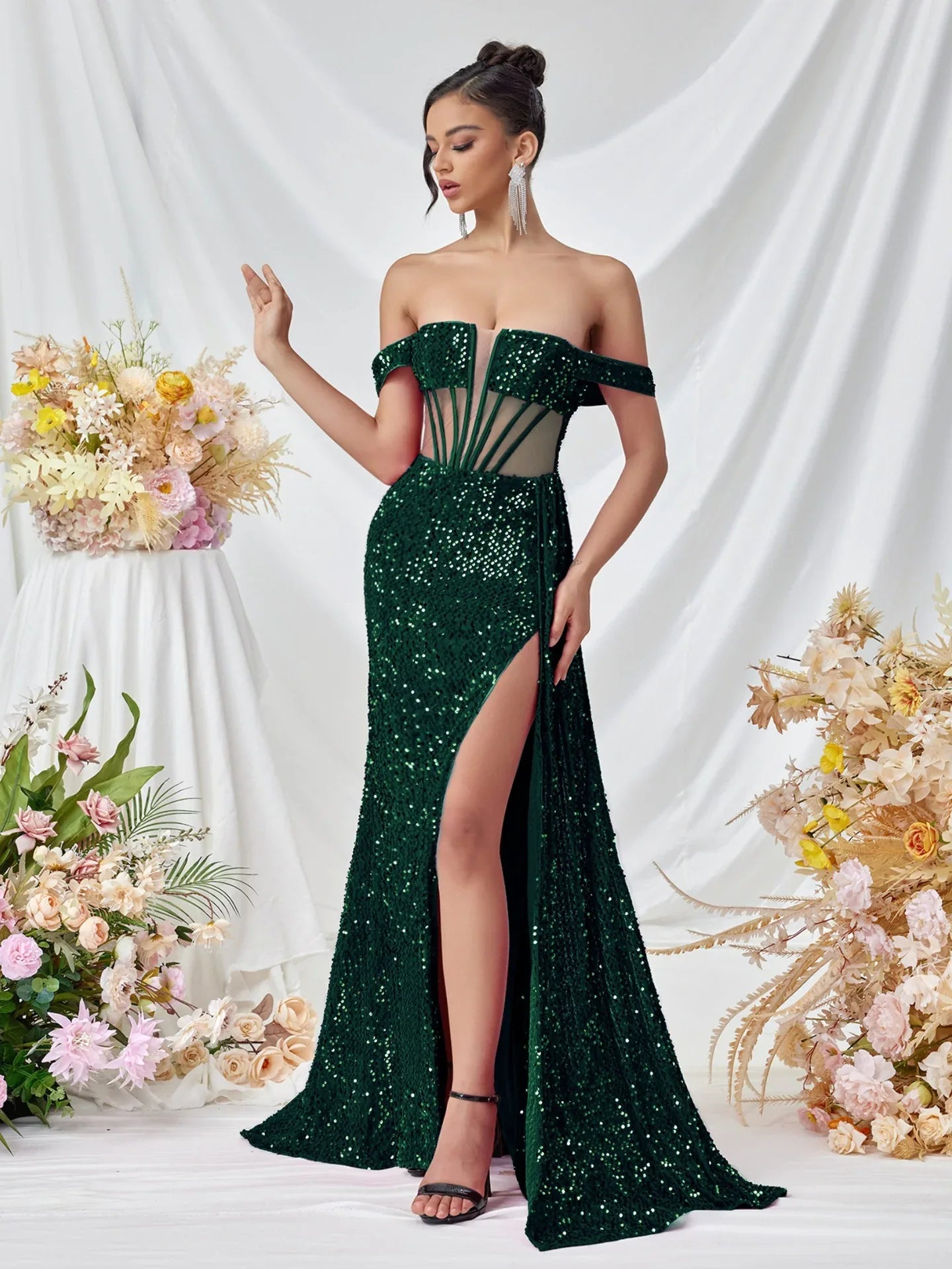 Sequin Off-the-Shoulder Mermaid Long Evening Gown Dress With Slit - Styeenigma