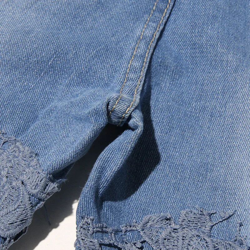 High Waist Lace Patchwork Straight-Leg Denim Pants for Women