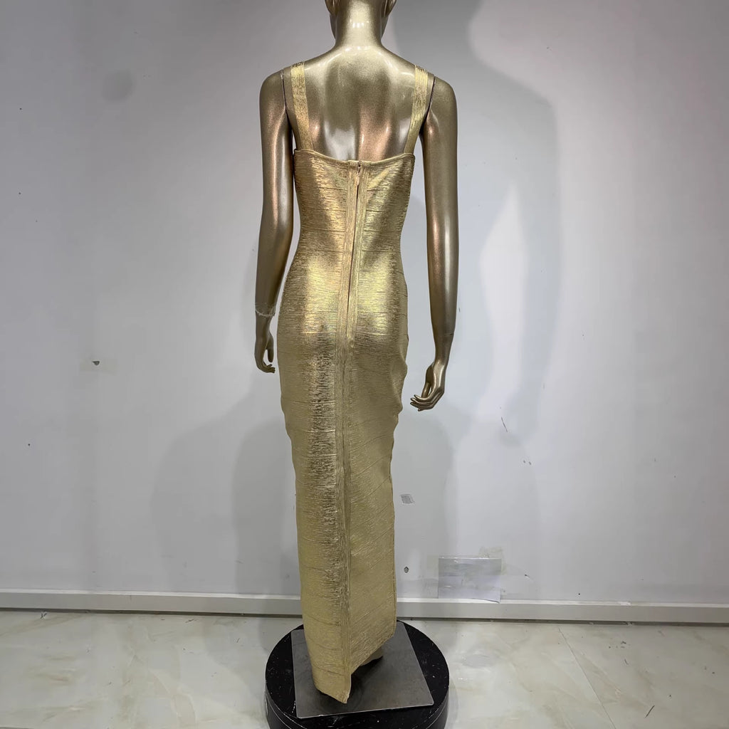 Slinky Metallic Bodycon Maxi Dress | Women's Sleeveless U-Neck Stretchy Evening Gown