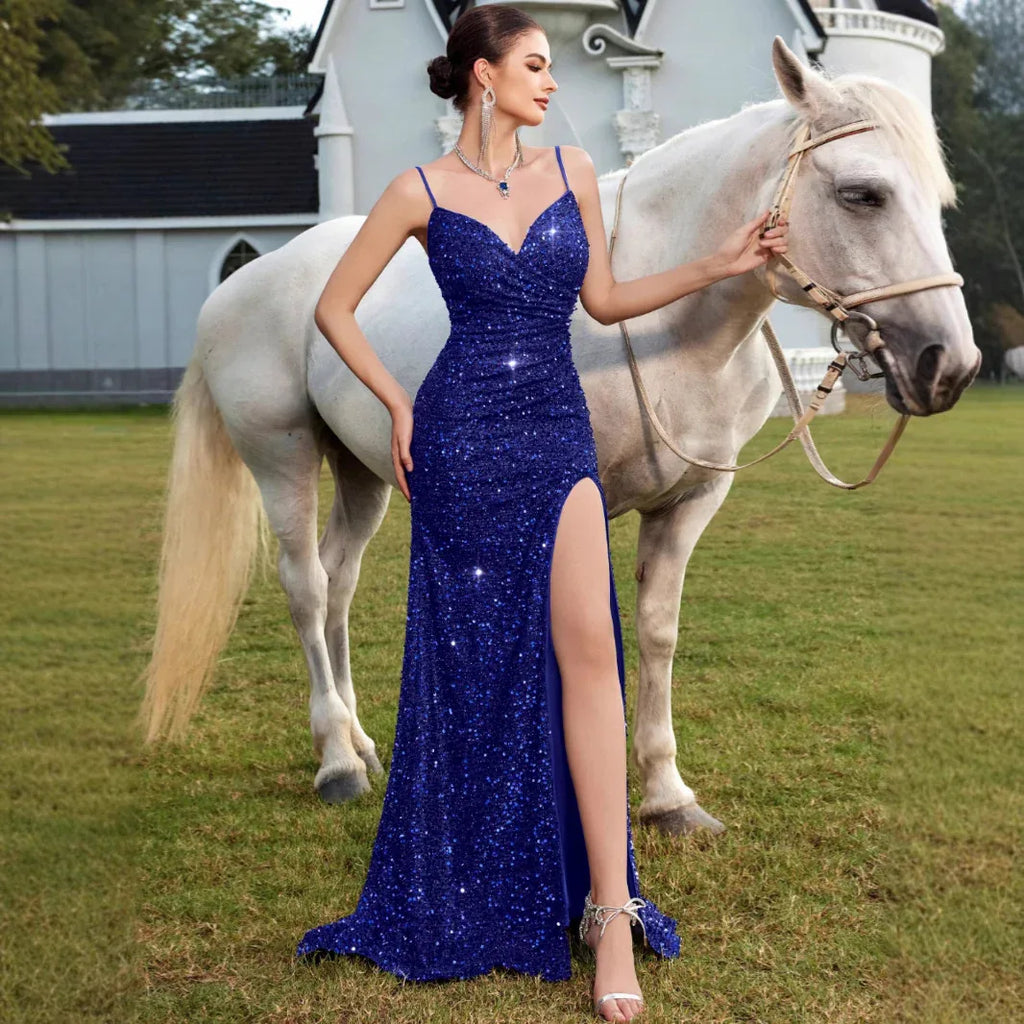 Sequin V-Neck Maxi Dress – High Slit Party Cocktail Formal Gown - Styeenigma