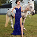 Sequin V-Neck Maxi Dress – High Slit Party Cocktail Formal Gown - Styeenigma