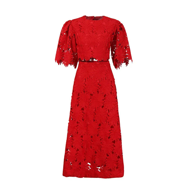 Elegant Two-Piece Set – Embroidered Hollow-Out Crewneck Top & High-Waist Skirt - Styeenigma