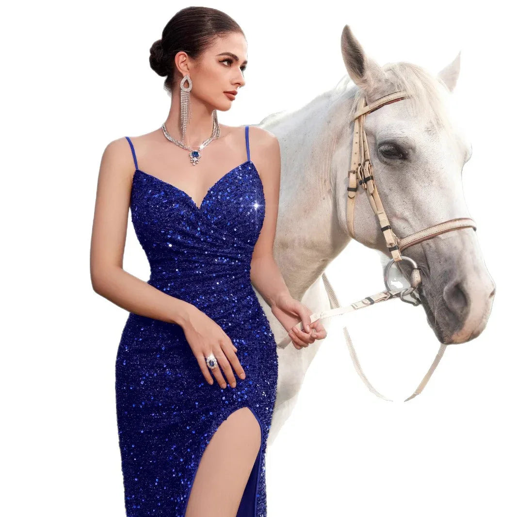 Sequin V-Neck Maxi Dress – High Slit Party Cocktail Formal Gown - Styeenigma