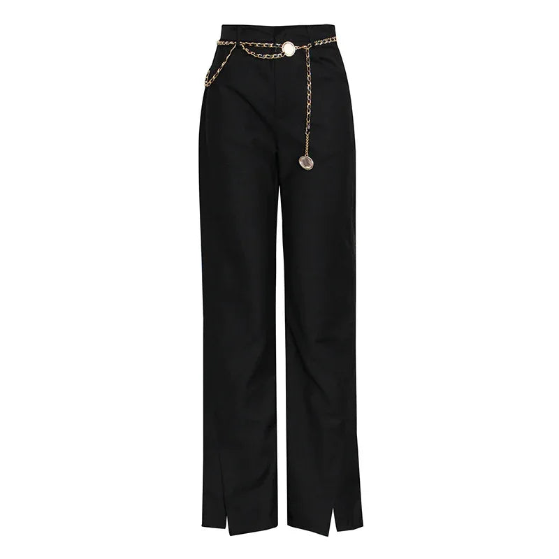 High Waist Chain Belt Straight Pants – Women’s Black Trousers