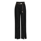 High Waist Chain Belt Straight Pants – Women’s Black Trousers