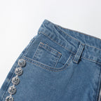 High-Waist Rhinestone Patchwork Wide-Leg Jeans Straight Denim Pants Women