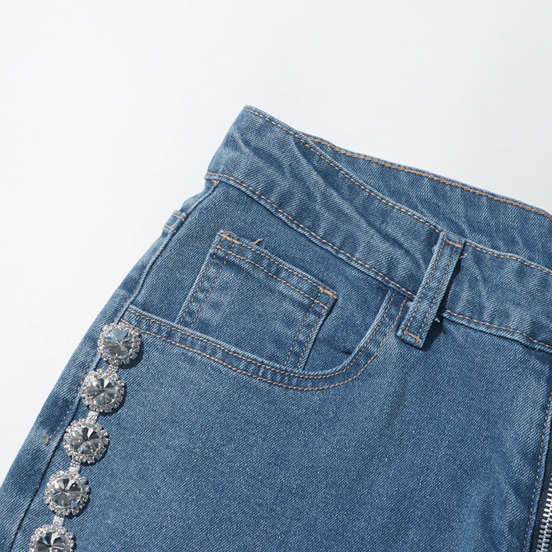 High-Waist Rhinestone Patchwork Wide-Leg Jeans Straight Denim Pants Women