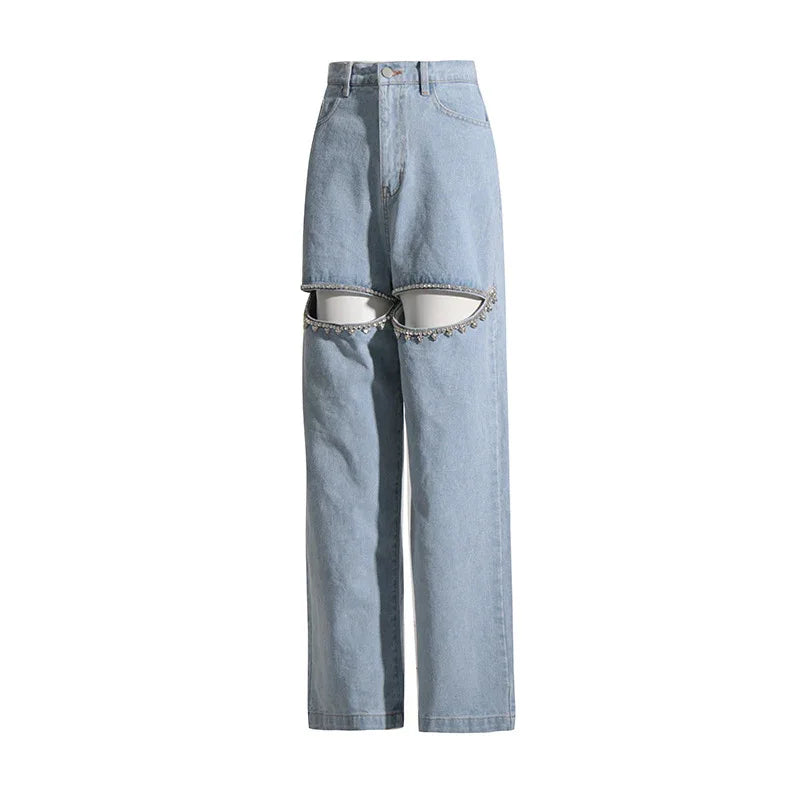 High Waist Long Rhinestone Hollow-Out Wide Leg Pants for Women