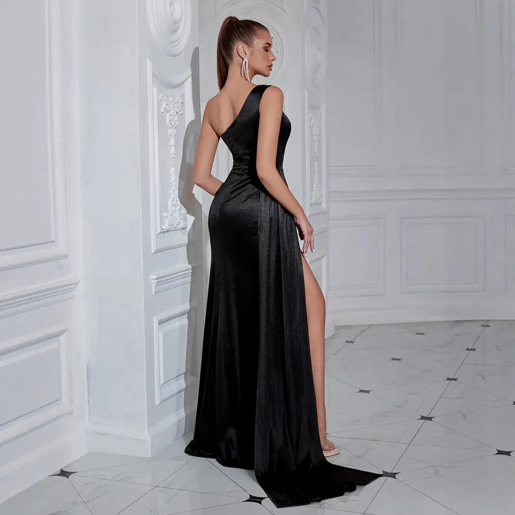 One-Shoulder Slit Evening Gown – Black Formal Dress for Women - Styeenigma