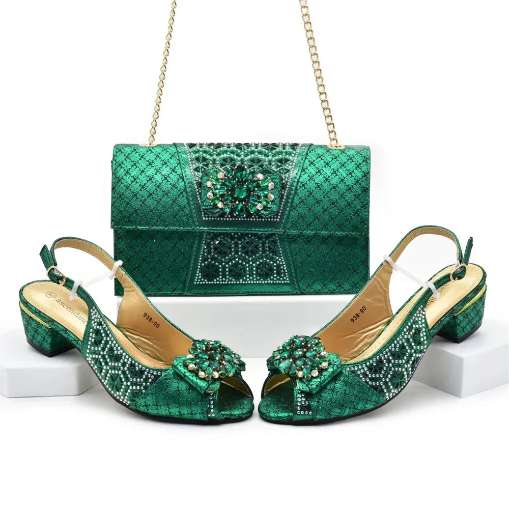 Rhinestone Floral Buckle High Heel Shoes & Bag Set - Styeenigma