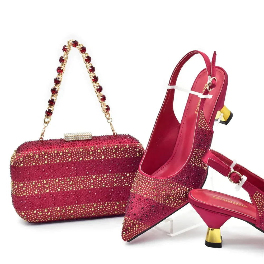 Sequin Stiletto Sandals & Faux-Lock Hardbox Bag Evening Set - Styeenigma