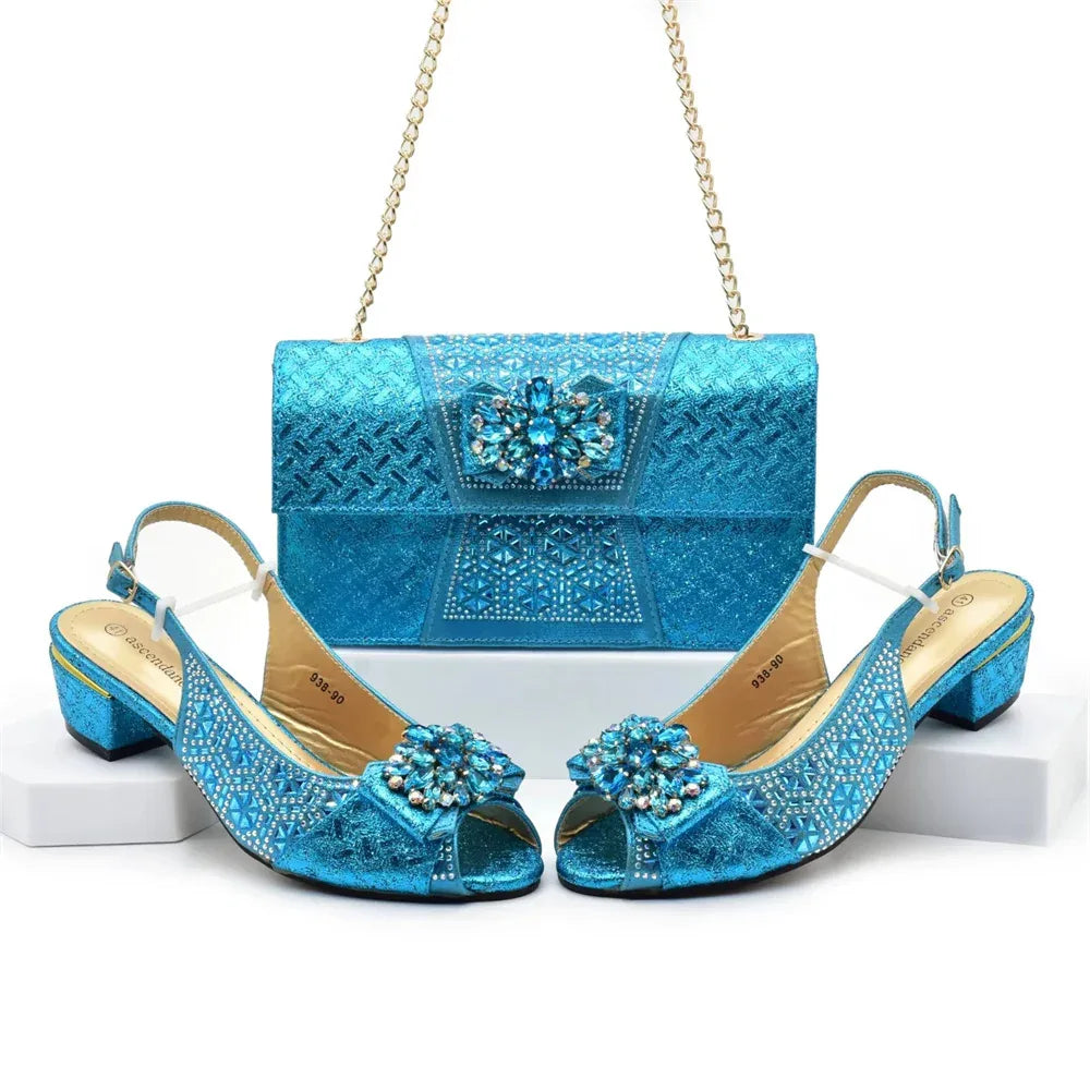 Rhinestone Floral Buckle High Heel Shoes & Bag Set - Styeenigma