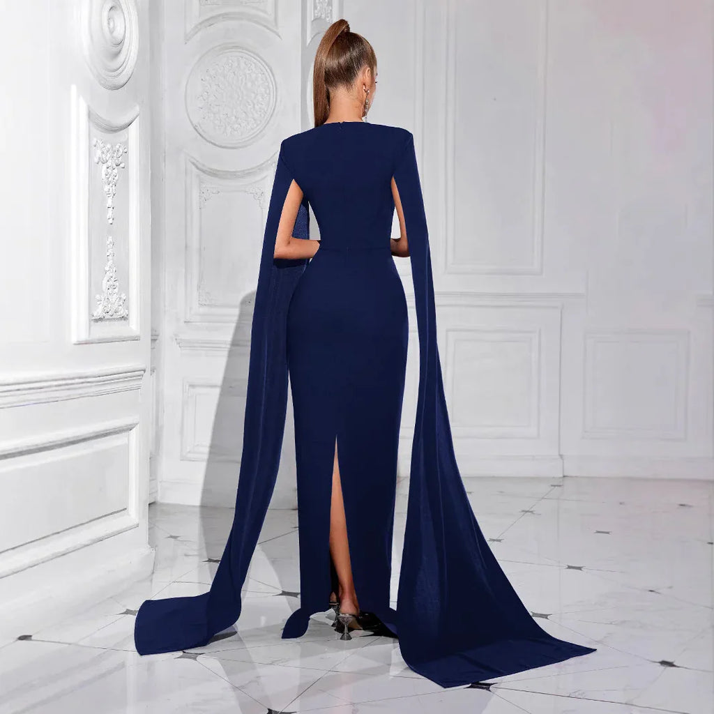 Square Neck Rhinestone Long Sleeve Maxi Evening Dress Formal Gown - Styeenigma