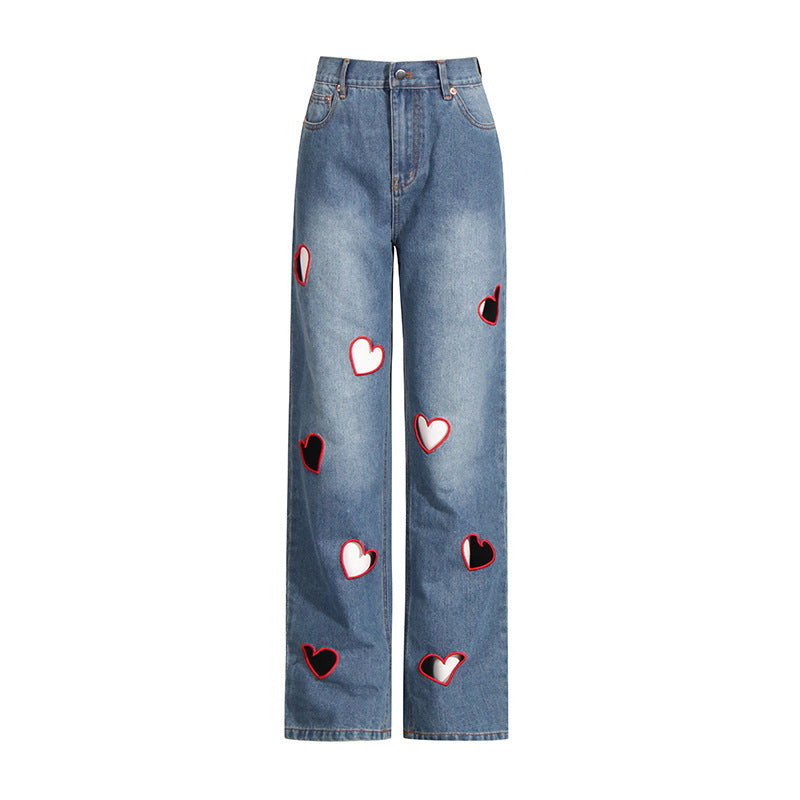 Straight-Leg High-Waist Denim Jeans – Hollow Heart Cut-Out Detail Pants