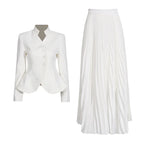 Elegant Women’s Two-Piece Set – 3D Embroidered Jacket & High-Waist Pleated Skirt - Styeenigma