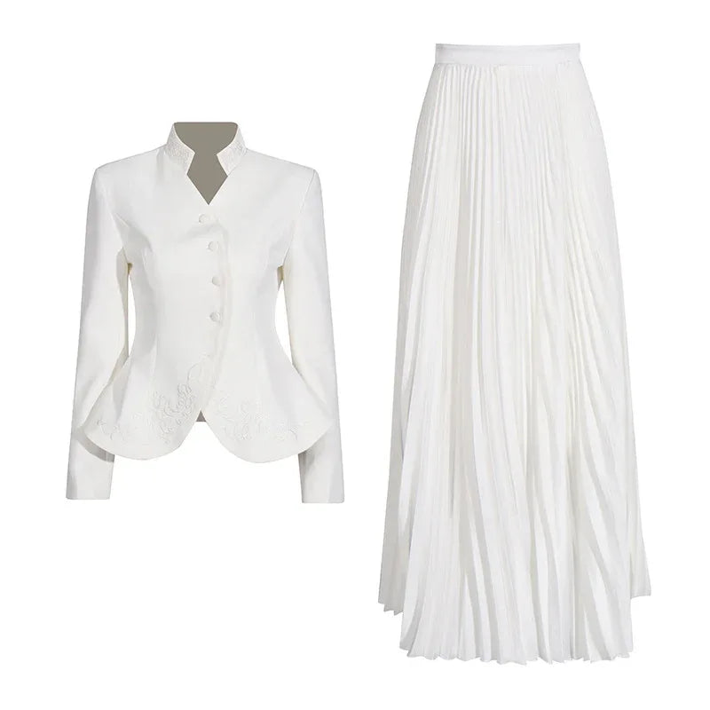 Elegant Women’s Two-Piece Set – 3D Embroidered Jacket & High-Waist Pleated Skirt - Styeenigma