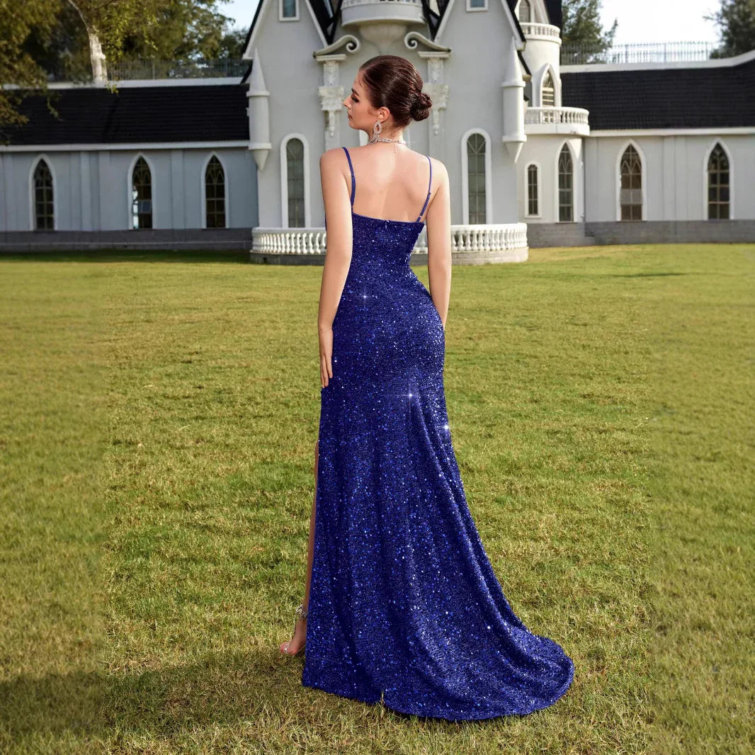 Sequin V-Neck Maxi Dress – High Slit Party Cocktail Formal Gown - Styeenigma
