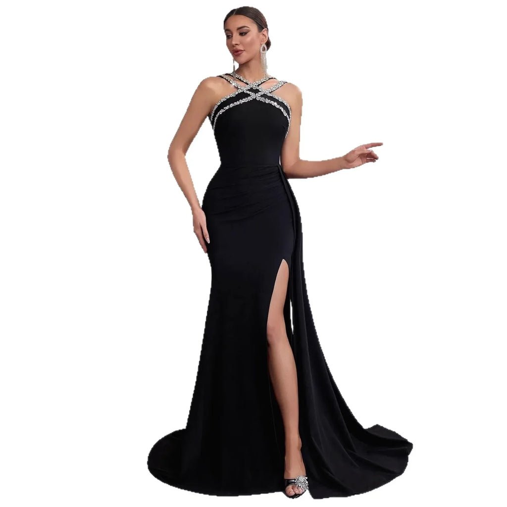 Halter Rhinestone Mermaid Evening Gown – Black Formal Dress with Side Slit & Train