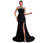 Halter Rhinestone Mermaid Evening Gown – Black Formal Dress with Side Slit & Train