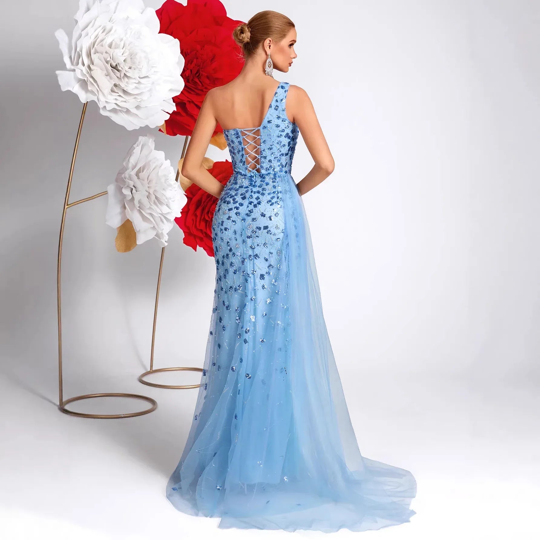 Sky Blue Beaded Sequin One Shoulder High Slit Evening Gown For Party & Formal - Styeenigma